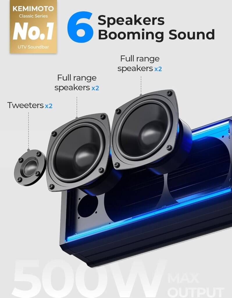 KEMIMOTO 6-Speaker Metal UTV Sound Bar, IP65 Waterproof 